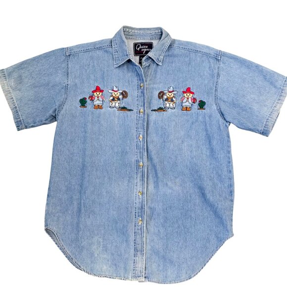 Vintage Quizz Again Denim Cowboy Squirrel bear Embroidered Short Sleeve Shirt S - Picture 2 of 5